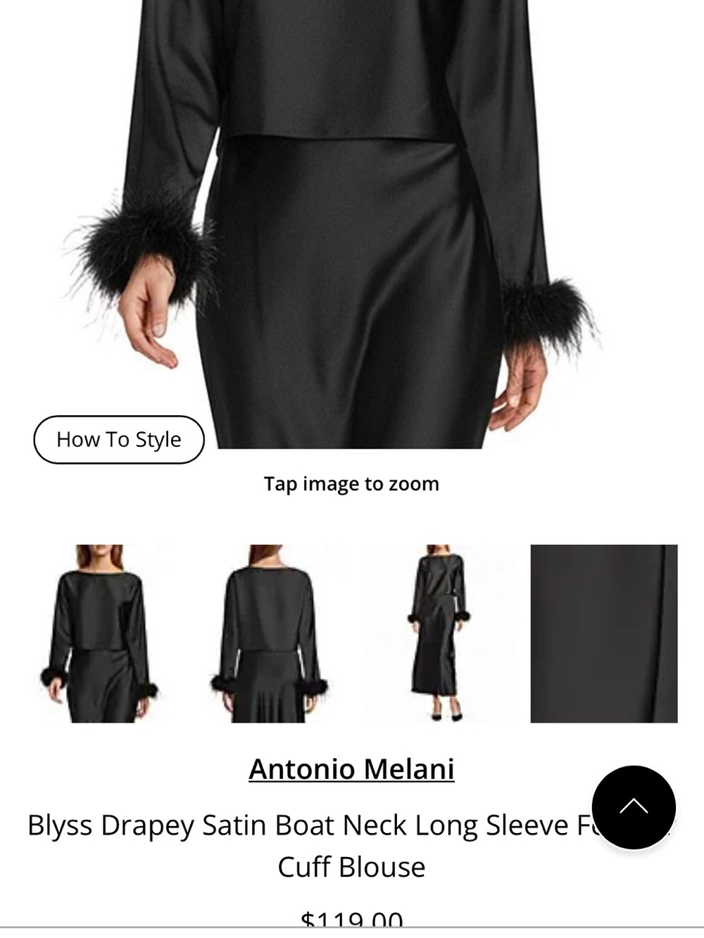 ANTONIO MELANI Black Satin Cropped Sleep Top with Feather Cuffs - Picture 3 of 4
